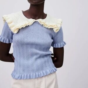 Zara  Light Blue Textured Knit Ruffle Collar Short Sleeve Sweater Top Size S